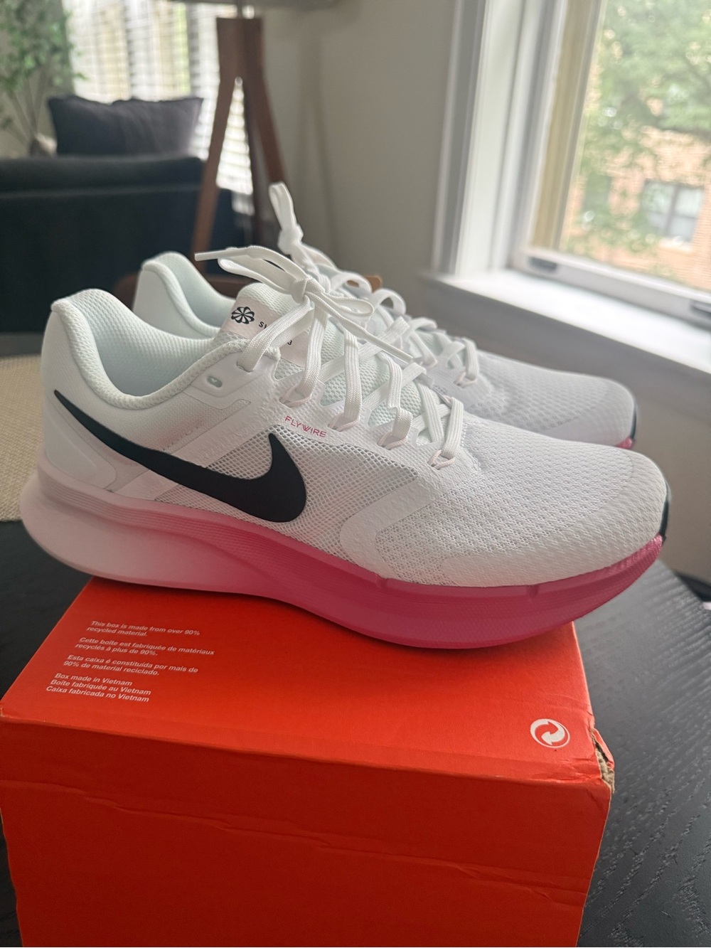 Nike Women's White Running Shoes with Pink Gradient Midsole and Black Swoosh